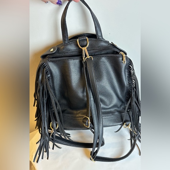 Edgy Black Leather Backpack with Fringe and Gold Hardware - Picture 3 of 4